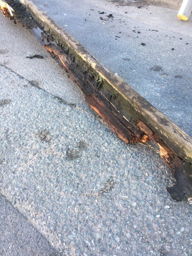 A rotten timber fascia board removed from a house, showing heavy decay along its length