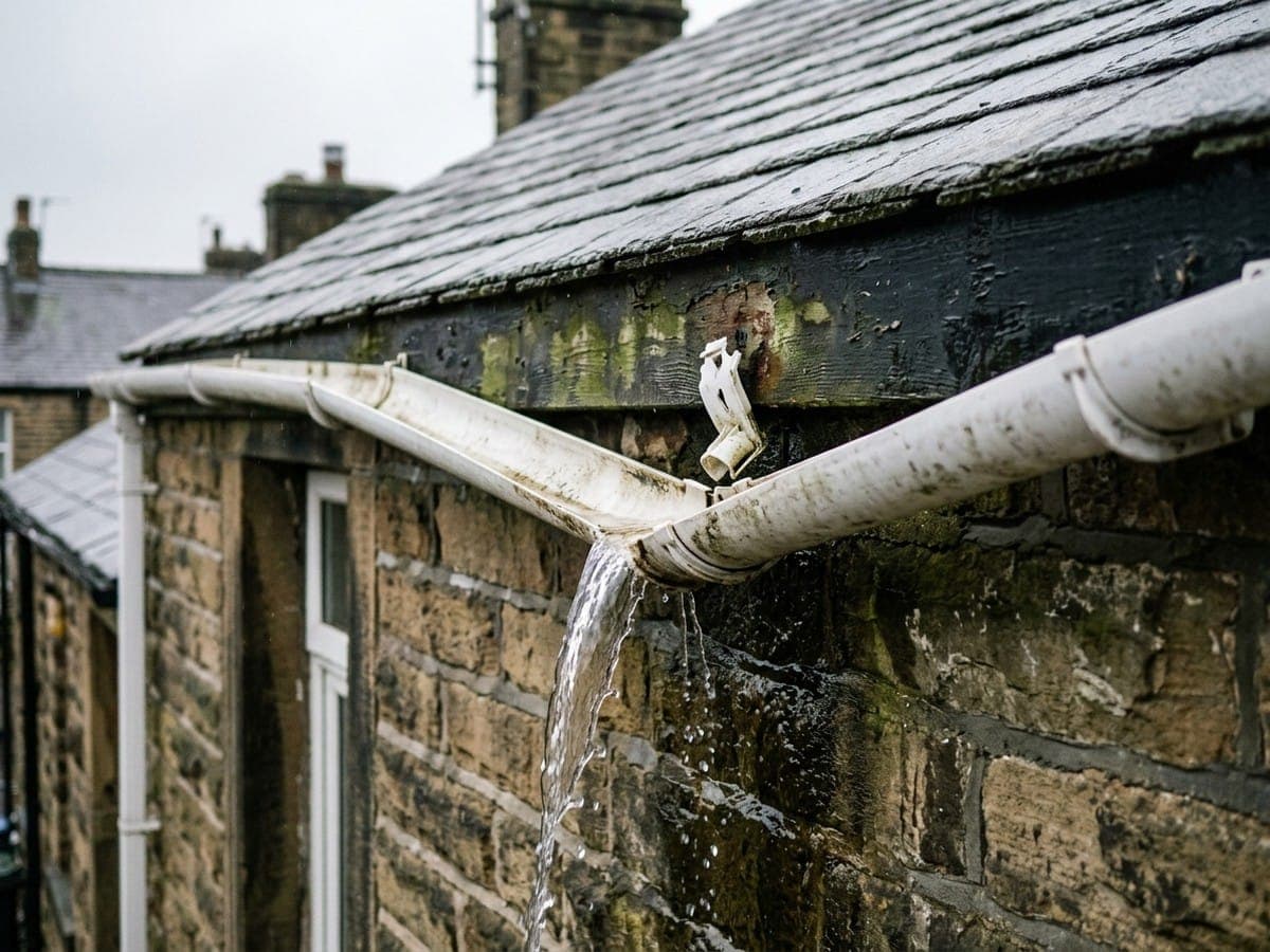 White uPVC gutter dropped away from the fascia at a failed joint, overflowing down the wall of a stone terraced house